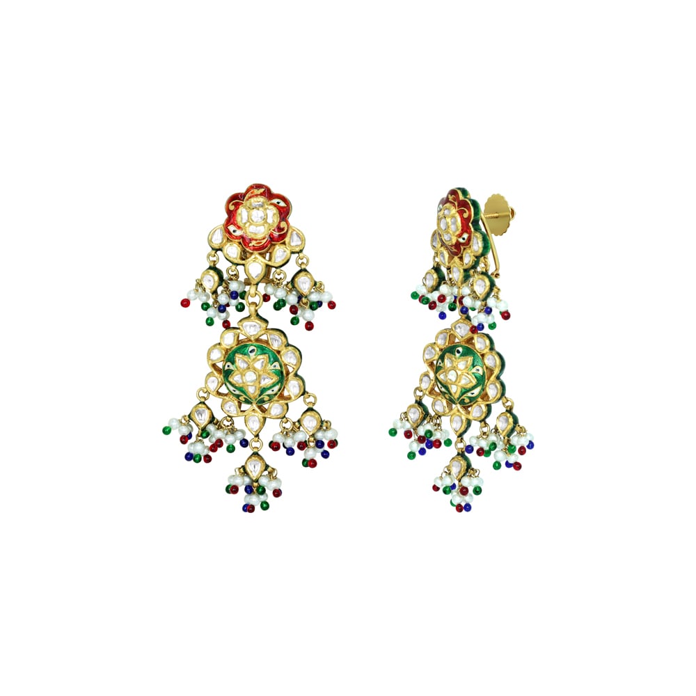 Floral Earrings with Polki, Red-Green Enamel, Pearls, and Beads